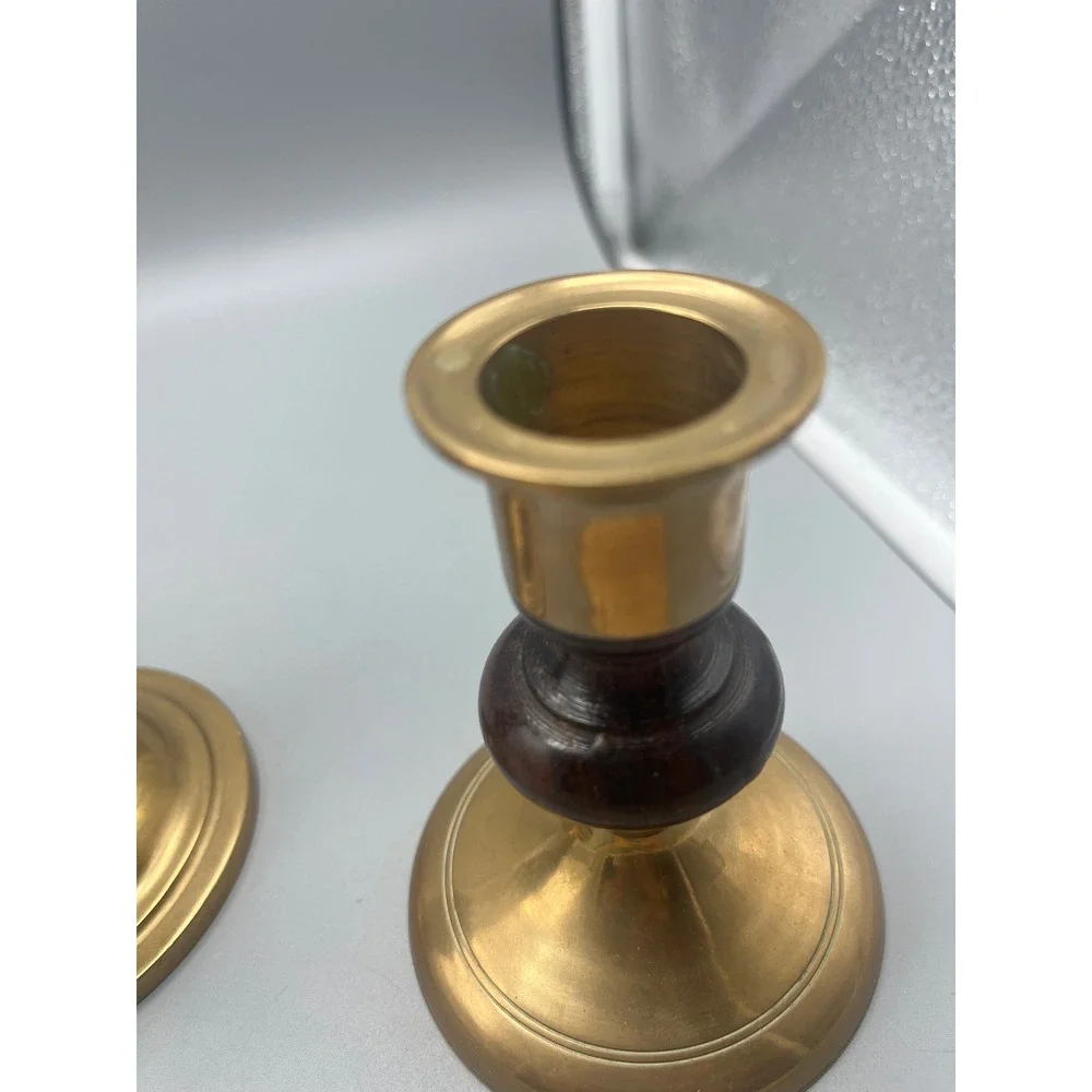 Vtg‎ Brass & Wood set 3 Candlestick holders dark wood Traditional Classic style